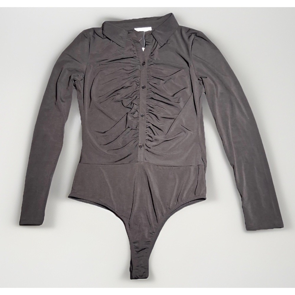 Timing Womans Black Long Sleeve Bodysuit Front Buttons Size Large NWT